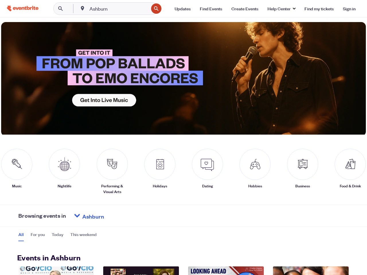 Landing page of eventbrite.com