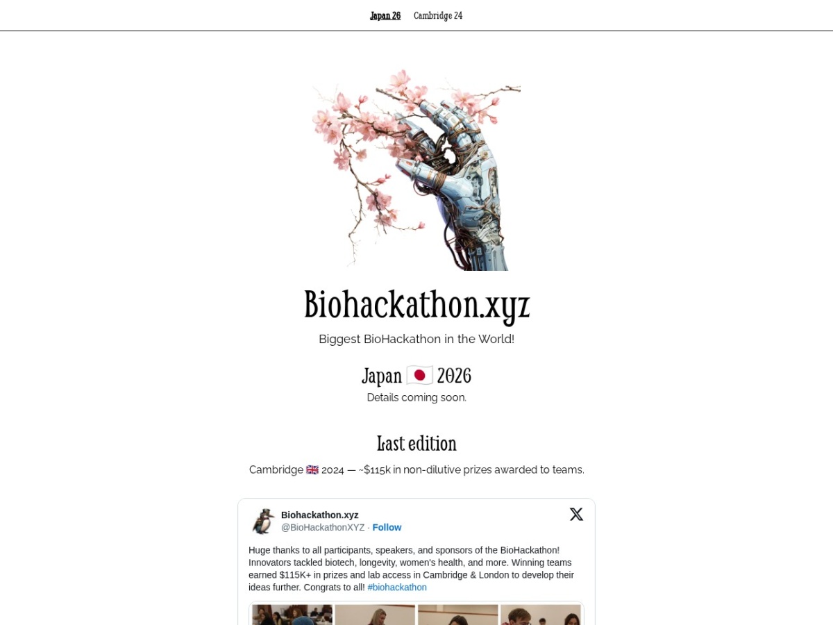 Landing page of biohackathon.xyz
