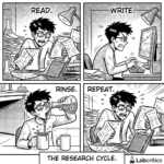 Four-panel comic: a researcher reads a pile of papers, writes at a computer, pours a flask labelled caffeine into a mug, then reads again. Caption: the research cycle.