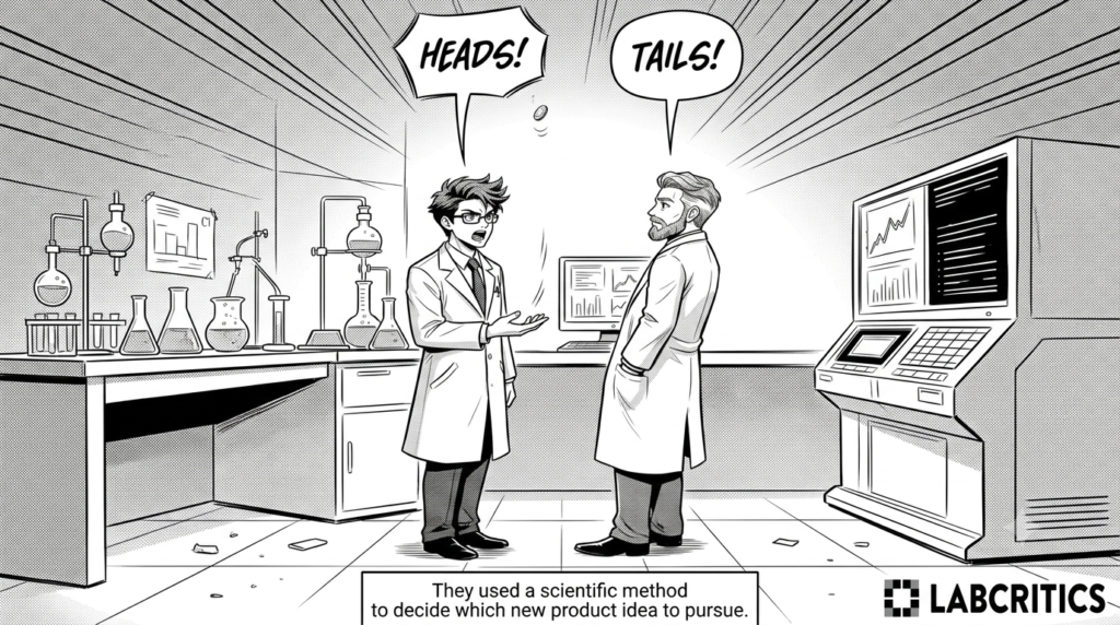 Two scientists in a lab flip a coin, one calling heads and the other tails. Caption: they used a scientific method to decide which new product idea to pursue.