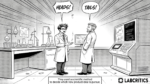 Two scientists in a lab flip a coin, one calling heads and the other tails. Caption: they used a scientific method to decide which new product idea to pursue.