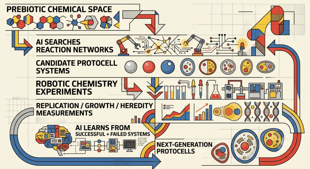 PREBIOTIC CHEMICAL SPACE

↓

AI searches reaction networks

↓

Candidate protocell systems

↓

Robotic chemistry experiments

↓

Replication / growth / heredity measurements

↓

AI learns from successful + failed systems

↓

Next-generation protocells 